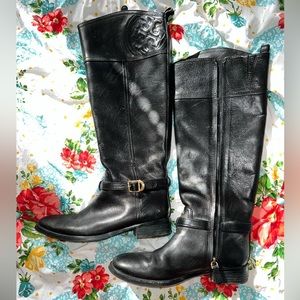 TORY BURCH Black Leather Knee High Tall Riding Boots 7M Side Zip